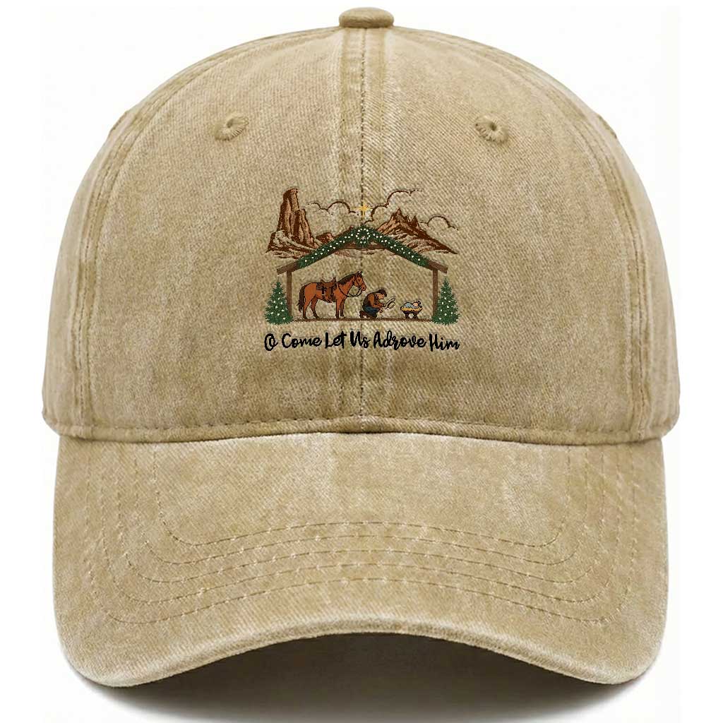 Nativity Scene Christmas Washed Cotton Baseball Cap Cowboy Bible Scripture Verse Western TS14 Washed Cap Universal Fit Khaki Print Your Wear