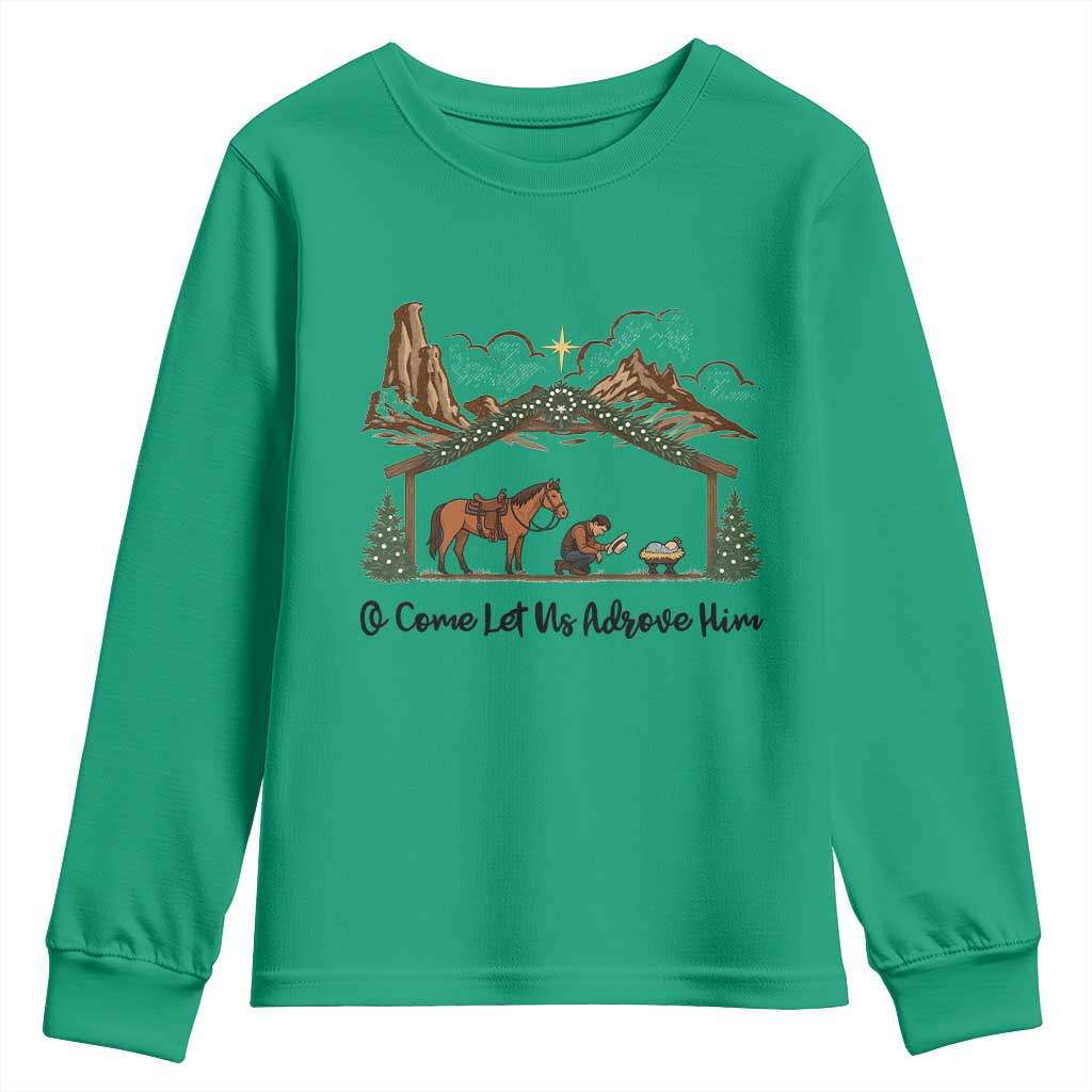 Nativity Scene Christmas Youth Sweatshirt Cowboy Bible Scripture Verse Western TS14 Irish Green Print Your Wear