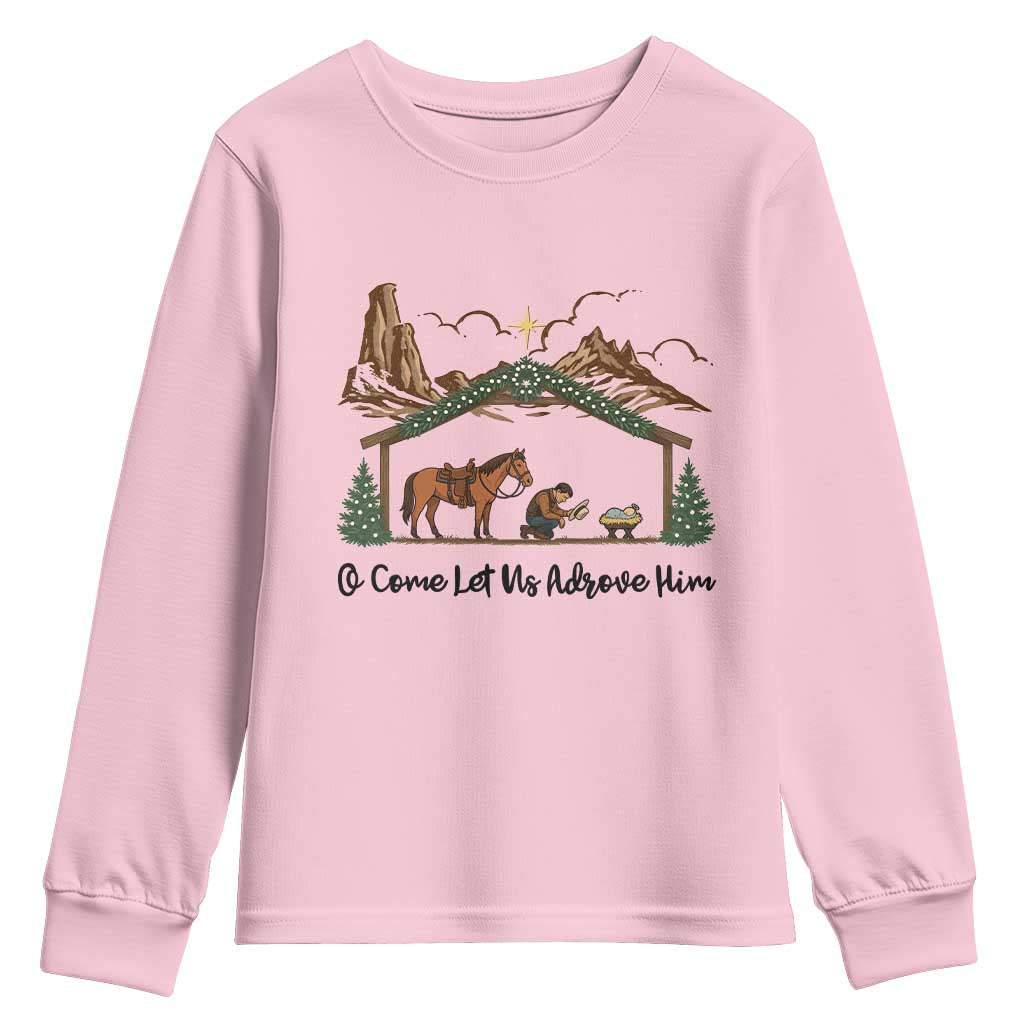 Nativity Scene Christmas Youth Sweatshirt Cowboy Bible Scripture Verse Western TS14 Light Pink Print Your Wear