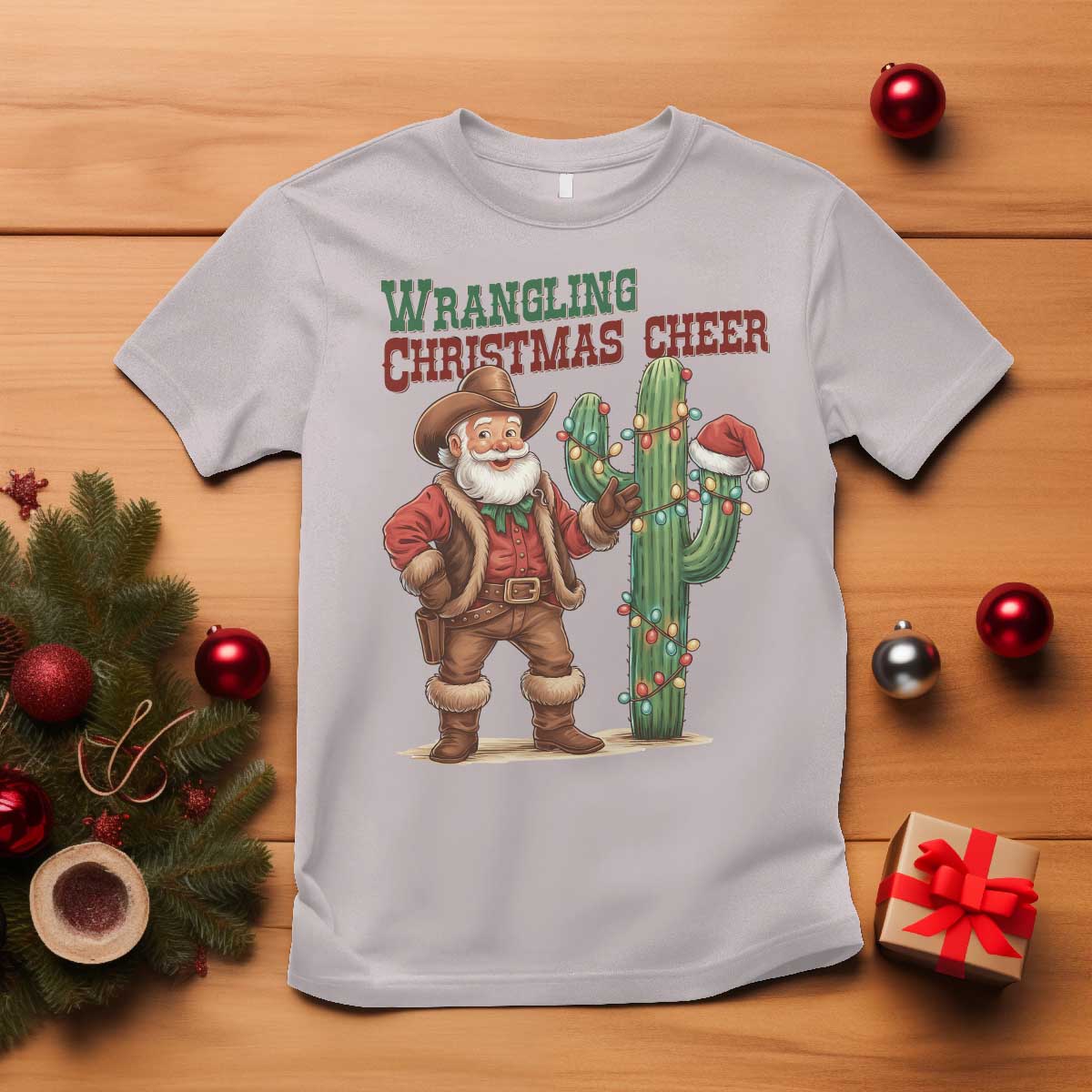 Funny Santa Cowboy T Shirt Wrangling Christmas Cheer TS14 Ice Gray Print Your Wear