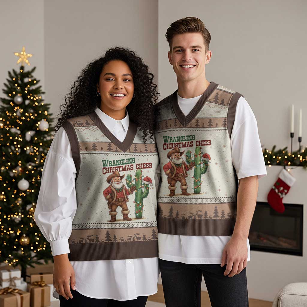 Funny Santa Cowboy V-Neck Knit Sweater Vest Wrangling Xmas Cheer TS14 Mocha Mousse Print Your Wear