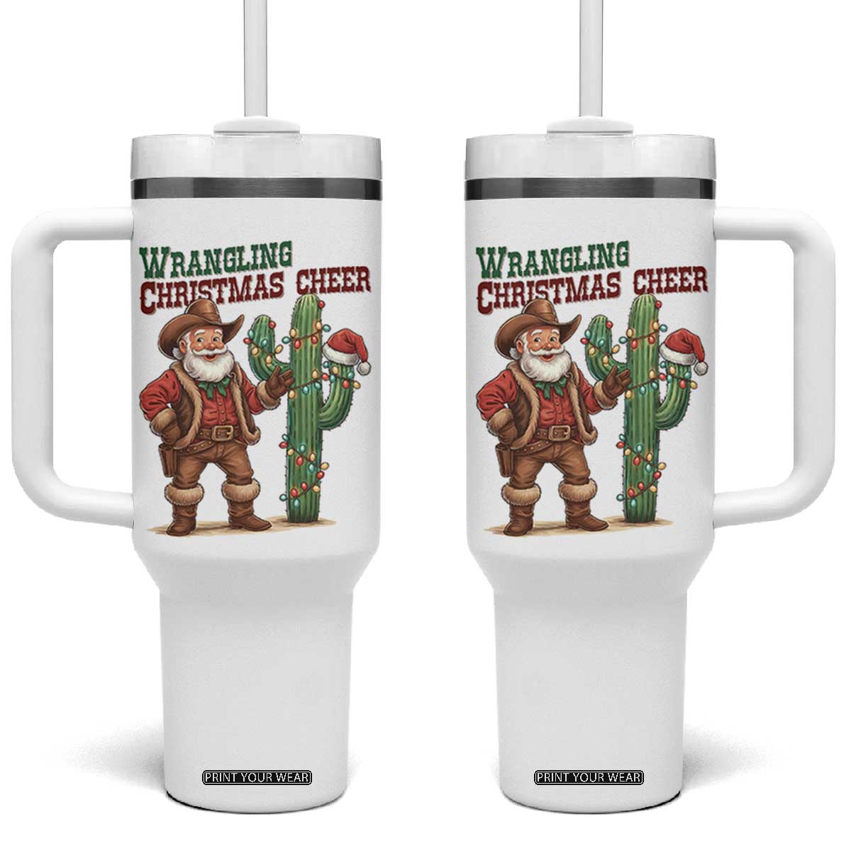 Funny Santa Cowboy Tumbler With Handle Wrangling Christmas Cheer TS14 One Size: 40 oz White Print Your Wear