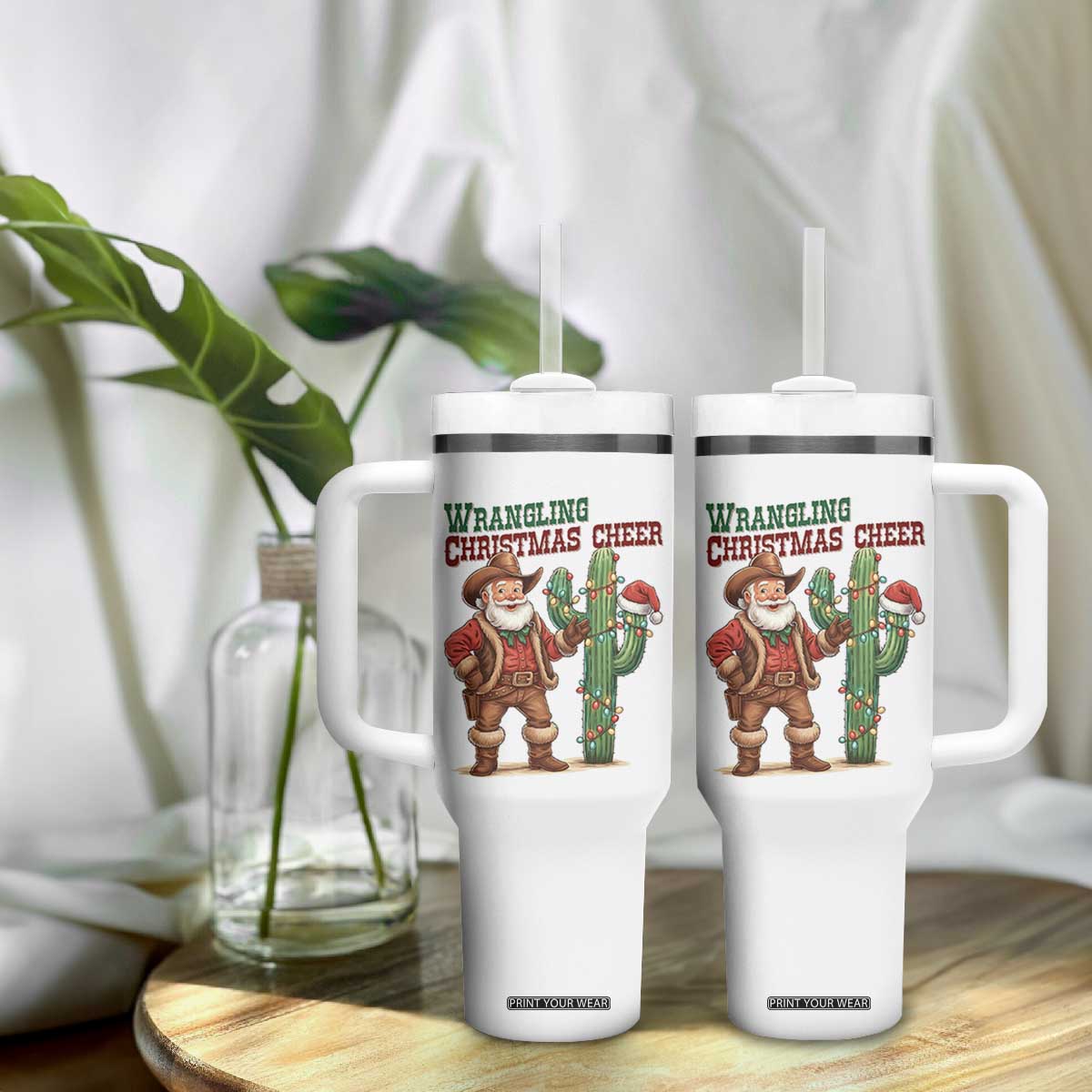 Funny Santa Cowboy Tumbler With Handle Wrangling Christmas Cheer TS14 Print Your Wear