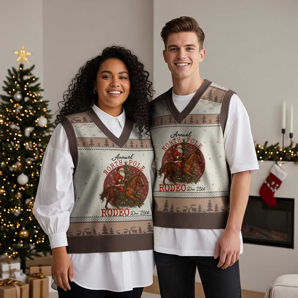 Cowboy Santa Xmas V-Neck Knit Sweater Vest Annual North Pole Rodeo Dec 25th TS14 Mocha Mousse Print Your Wear