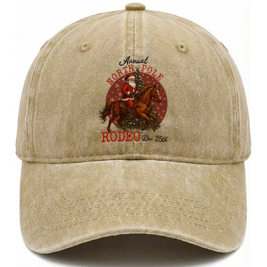 Cowboy Santa Christmas Washed Cotton Baseball Cap Annual North Pole Rodeo Dec 25th TS14 Washed Cap Universal Fit Khaki Print Your Wear