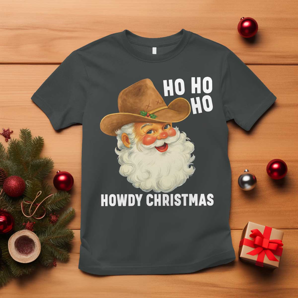 Cowboy Santa Christmas T Shirt Ho Ho Ho Howdy Christmas TS14 Dark Heather Print Your Wear