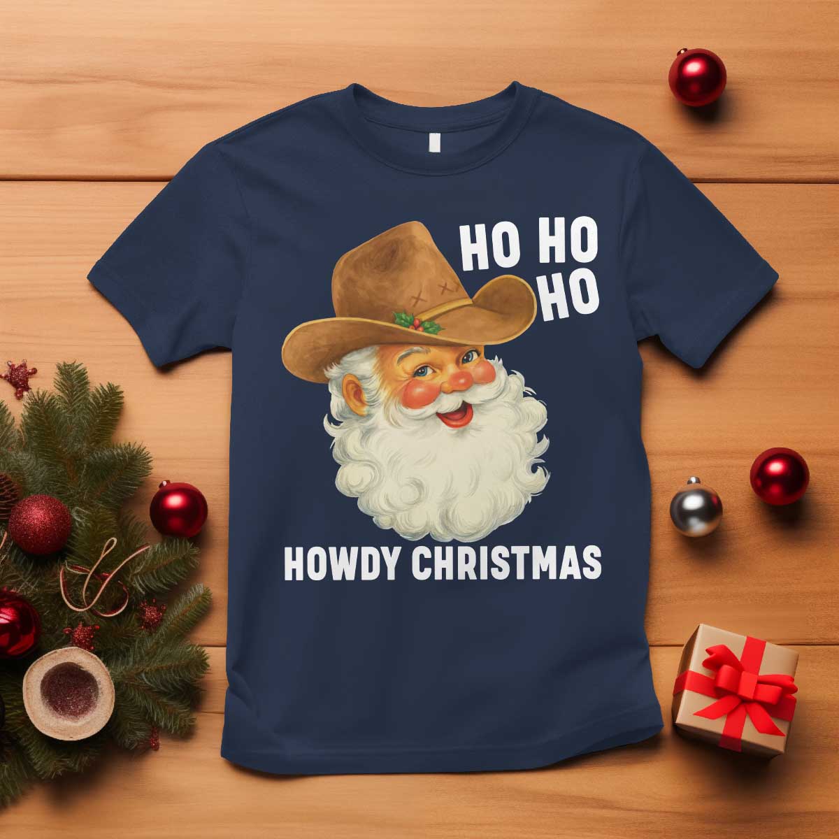 Cowboy Santa Christmas T Shirt Ho Ho Ho Howdy Christmas TS14 Navy Print Your Wear
