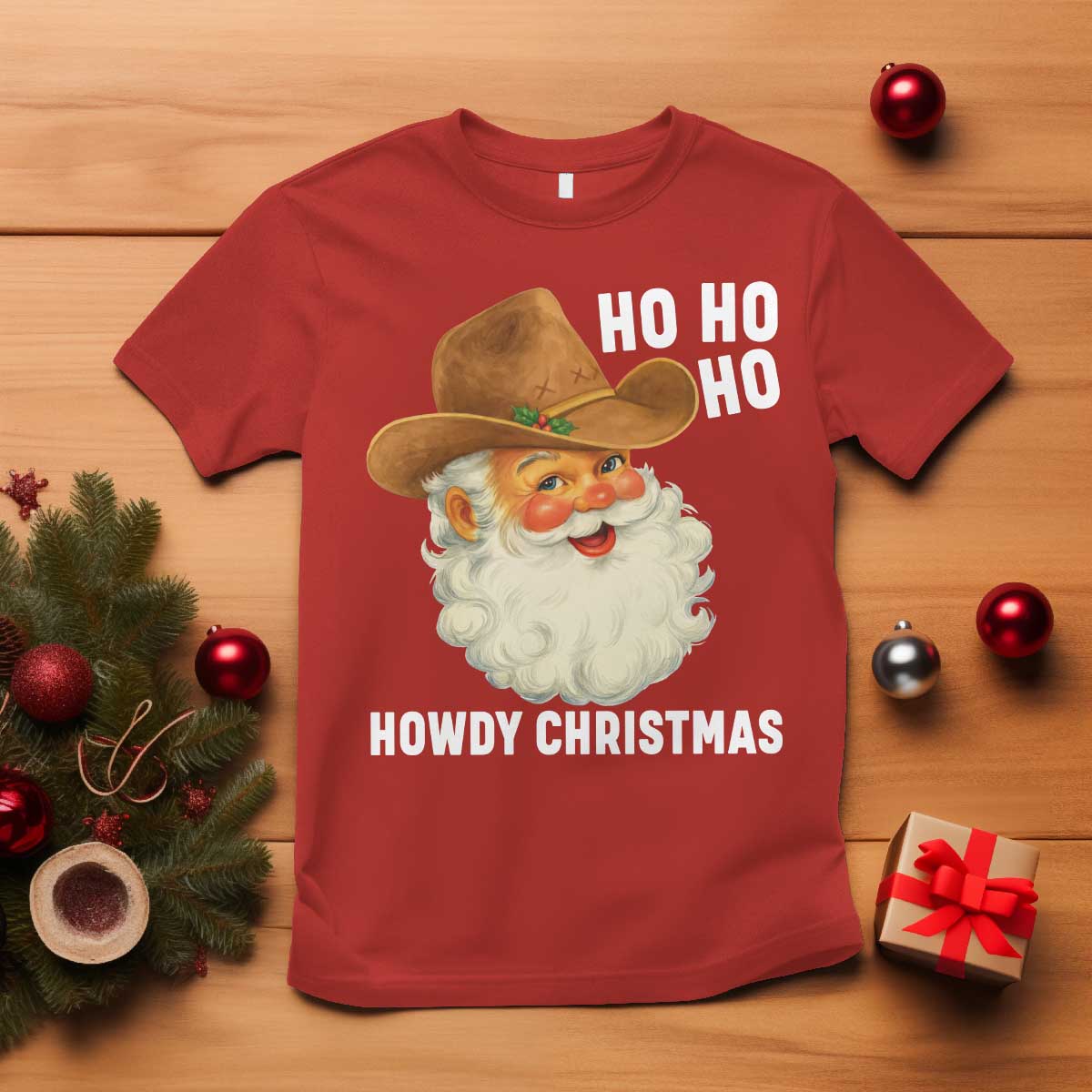 Cowboy Santa Christmas T Shirt Ho Ho Ho Howdy Christmas TS14 Red Print Your Wear