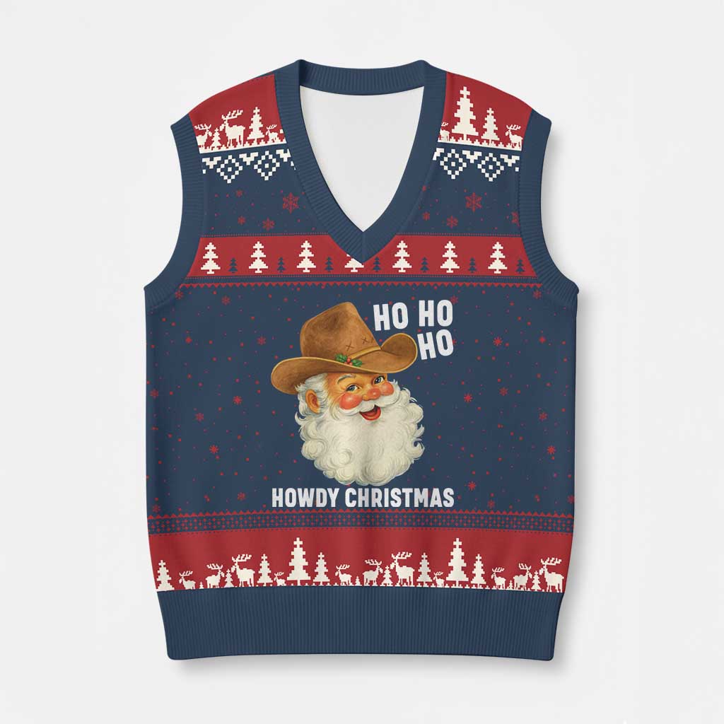 Cowboy Santa Xmas V-Neck Knit Sweater Vest Ho Ho Ho Howdy Xmas TS14 Navy Red Print Your Wear