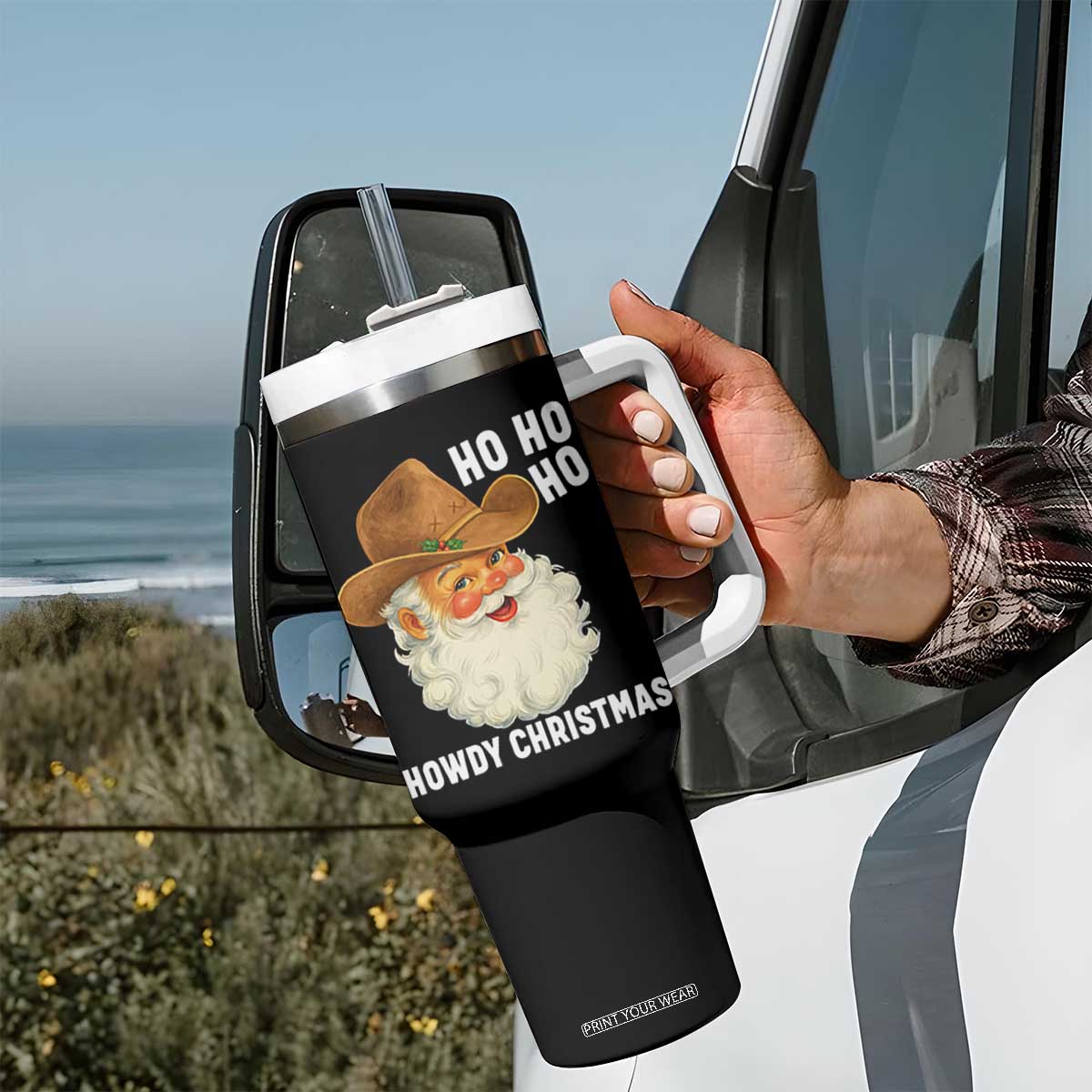 Cowboy Santa Christmas Tumbler With Handle Ho Ho Ho Howdy Christmas TS14 Print Your Wear