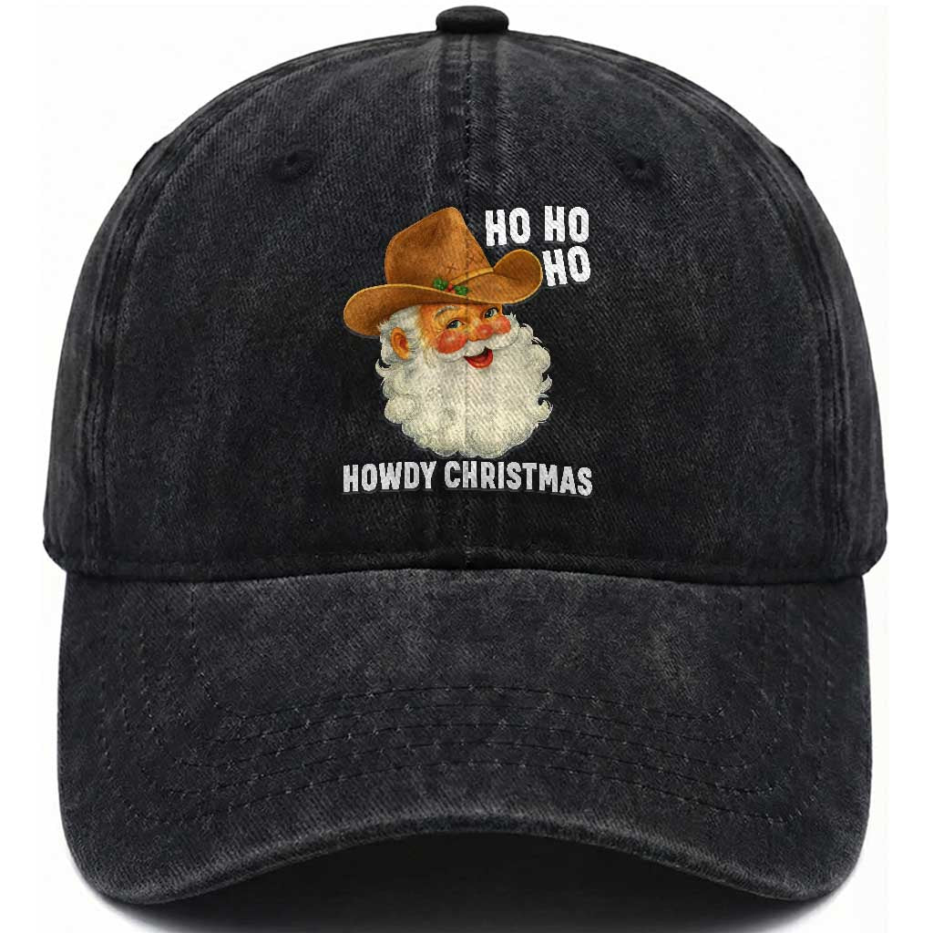 Cowboy Santa Christmas Washed Cotton Baseball Cap Ho Ho Ho Howdy Christmas TS14 Washed Cap Universal Fit Black Print Your Wear