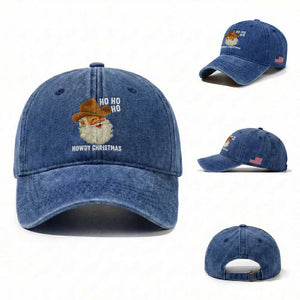 Cowboy Santa Christmas Washed Cotton Baseball Cap Ho Ho Ho Howdy Christmas TS14 Washed Cap Universal Fit Royal Blue Print Your Wear