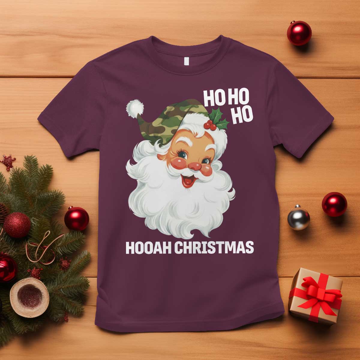 Camo Santa Christmas T Shirt Ho Ho Ho Hooah Christmas TS14 Maroon Print Your Wear