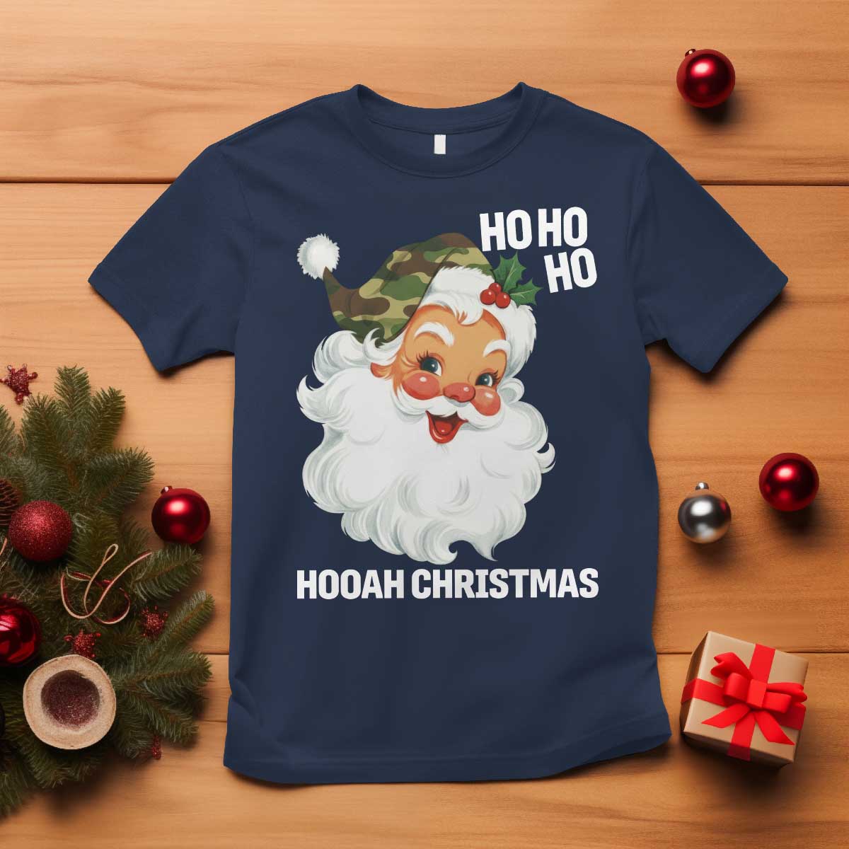 Camo Santa Christmas T Shirt Ho Ho Ho Hooah Christmas TS14 Navy Print Your Wear