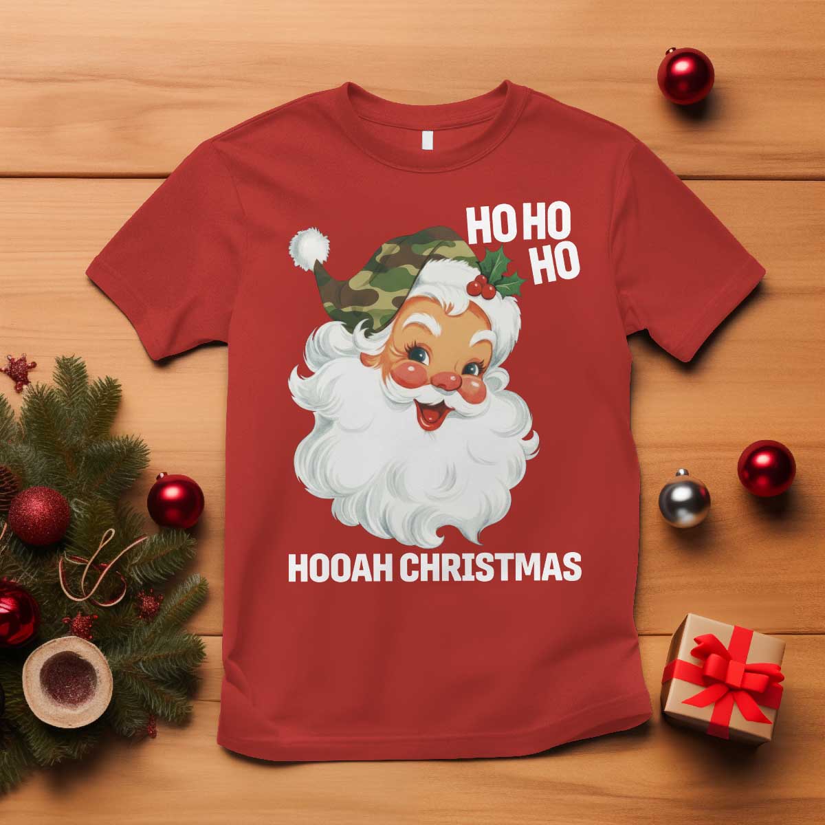 Camo Santa Christmas T Shirt Ho Ho Ho Hooah Christmas TS14 Red Print Your Wear