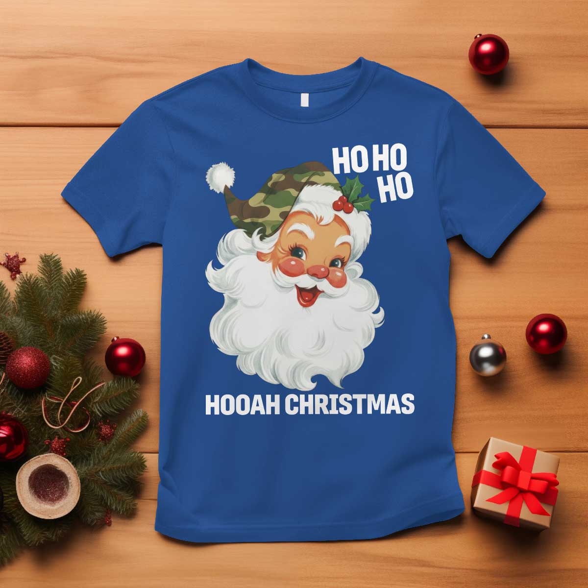 Camo Santa Christmas T Shirt Ho Ho Ho Hooah Christmas TS14 Royal Blue Print Your Wear