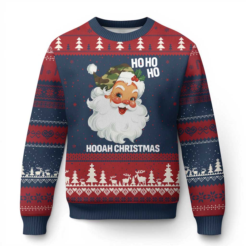 Camo Santa Xmas Ugly Christmas Sweater Ho Ho Ho Hooah Xmas TS14 Navy Red Print Your Wear