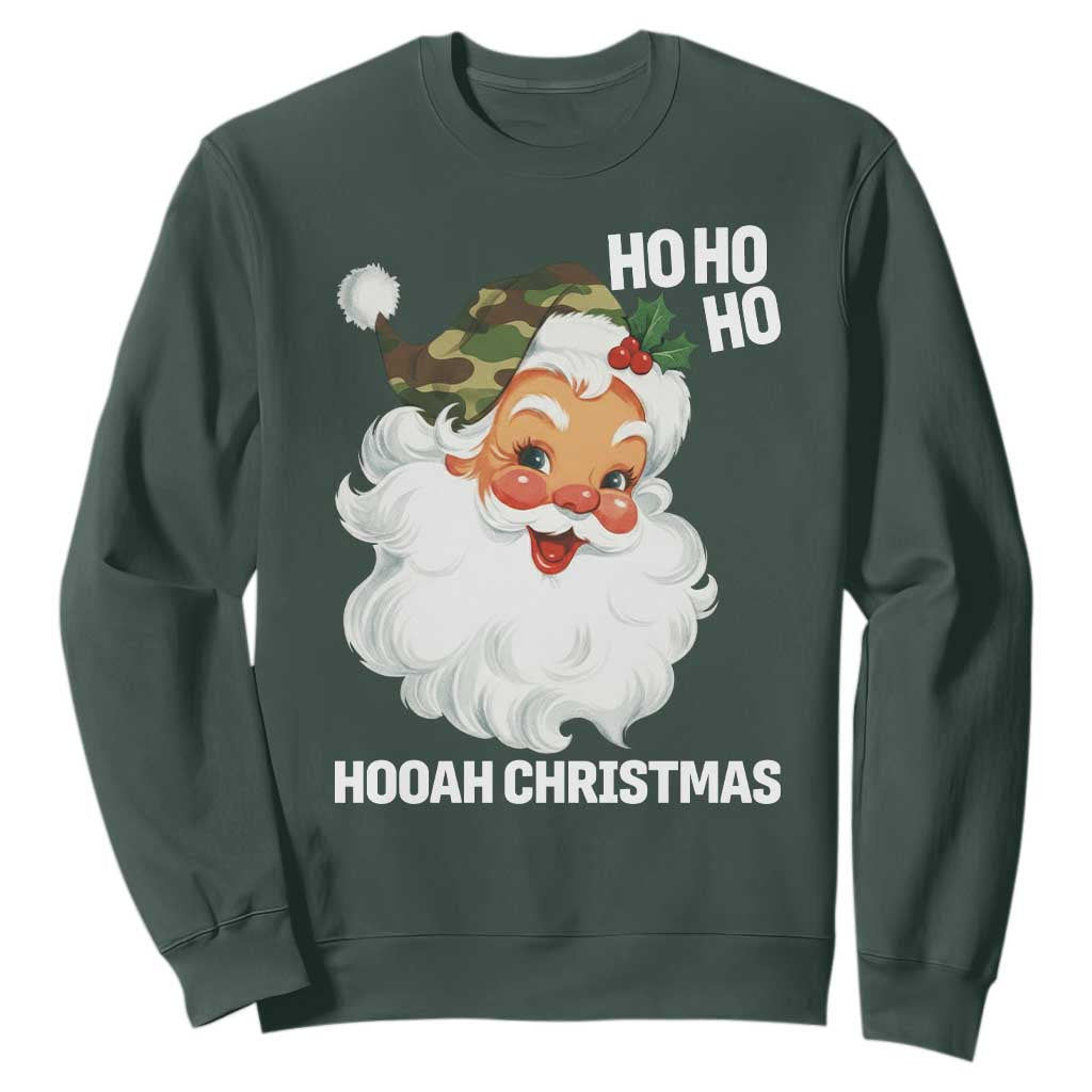 Camo Santa Christmas Sweatshirt Ho Ho Ho Hooah Christmas TS14 Dark Forest Green Print Your Wear