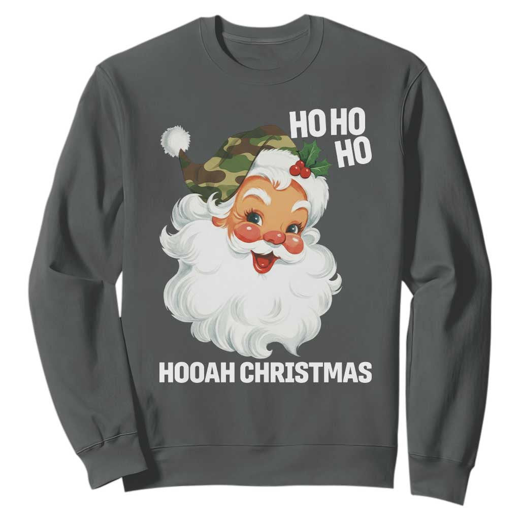 Camo Santa Christmas Sweatshirt Ho Ho Ho Hooah Christmas TS14 Dark Heather Print Your Wear