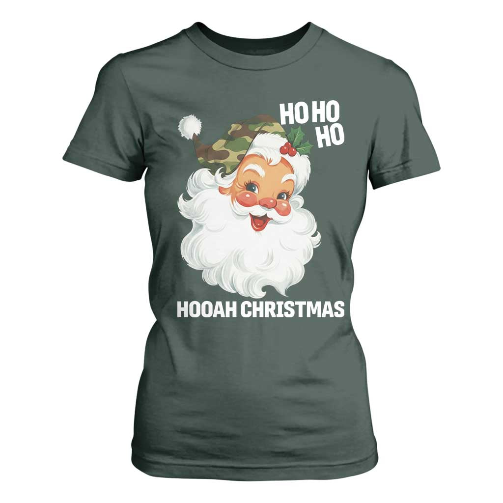 Camo Santa Christmas T Shirt For Women Ho Ho Ho Hooah Christmas TS14 Dark Forest Green Print Your Wear