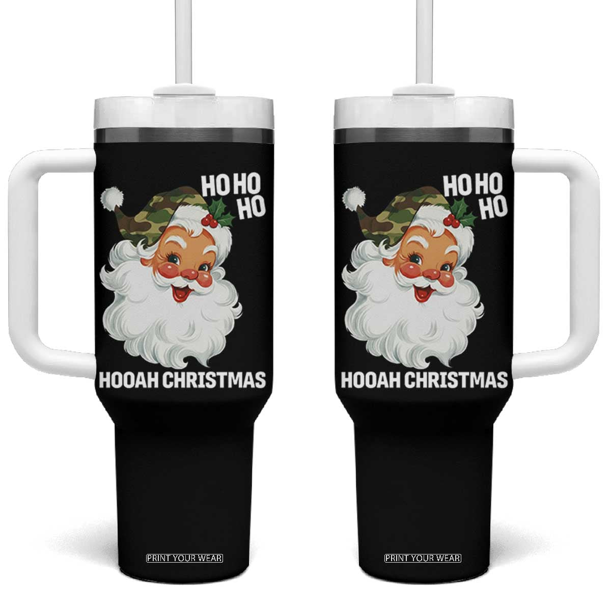 Camo Santa Christmas Tumbler With Handle Ho Ho Ho Hooah Christmas TS14 One Size: 40 oz Black Print Your Wear
