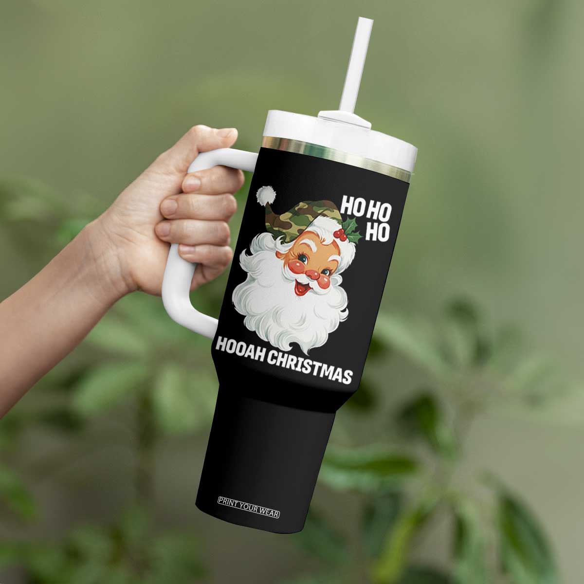 Camo Santa Christmas Tumbler With Handle Ho Ho Ho Hooah Christmas TS14 Print Your Wear