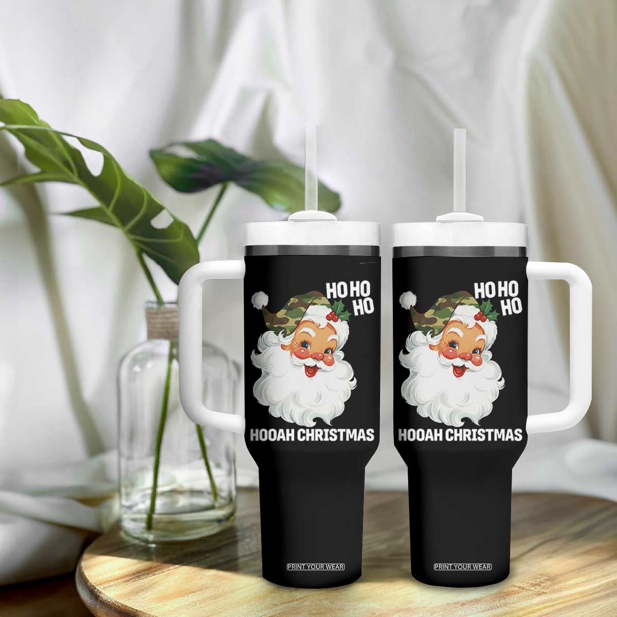 Camo Santa Christmas Tumbler With Handle Ho Ho Ho Hooah Christmas TS14 Print Your Wear