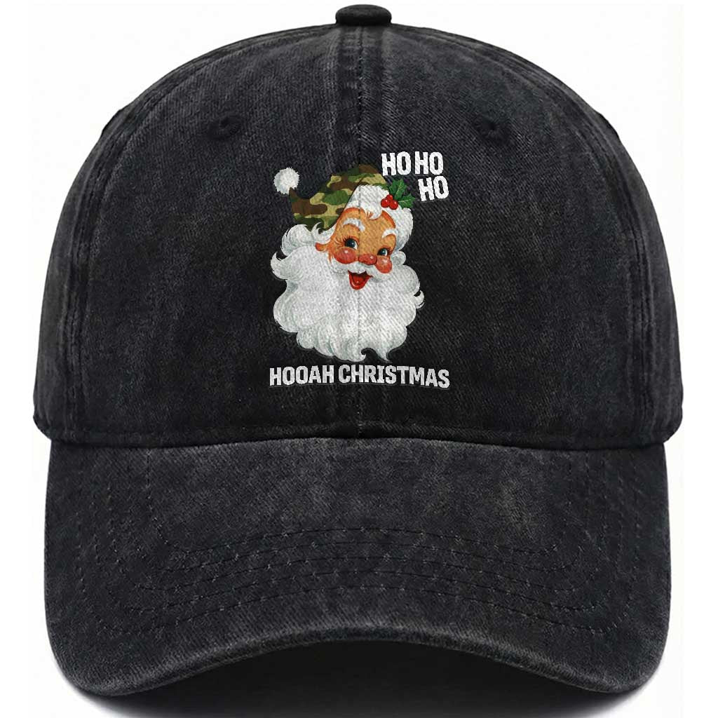 Camo Santa Christmas Washed Cotton Baseball Cap Ho Ho Ho Hooah Christmas TS14 Washed Cap Universal Fit Black Print Your Wear