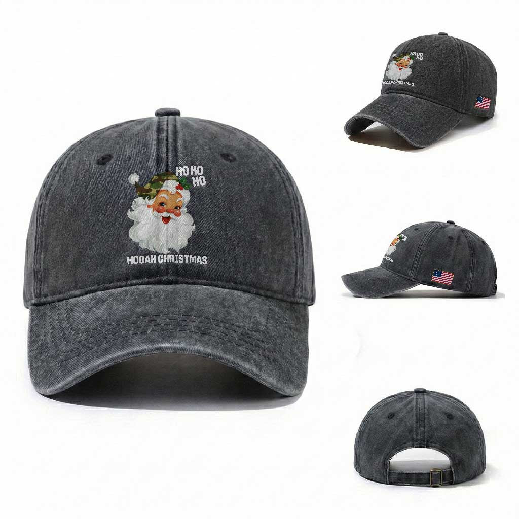 Camo Santa Christmas Washed Cotton Baseball Cap Ho Ho Ho Hooah Christmas TS14 Washed Cap Universal Fit Dark Gray Print Your Wear
