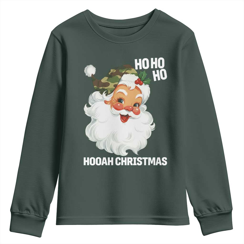 Camo Santa Christmas Youth Sweatshirt Ho Ho Ho Hooah Christmas TS14 Dark Forest Green Print Your Wear
