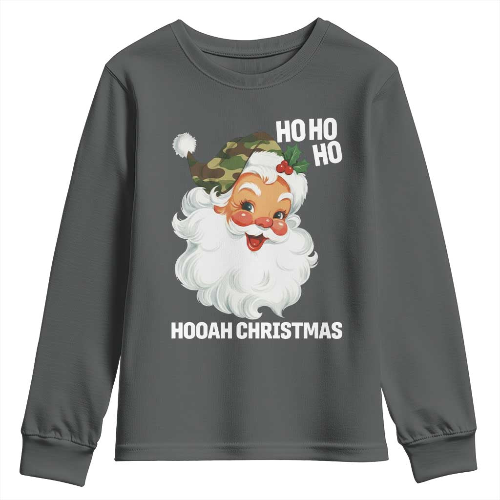 Camo Santa Christmas Youth Sweatshirt Ho Ho Ho Hooah Christmas TS14 Dark Heather Print Your Wear