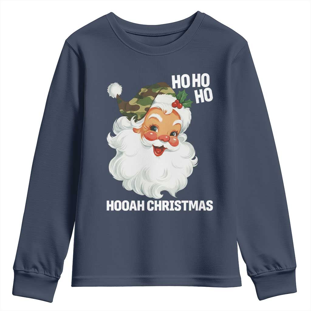 Camo Santa Christmas Youth Sweatshirt Ho Ho Ho Hooah Christmas TS14 Navy Print Your Wear