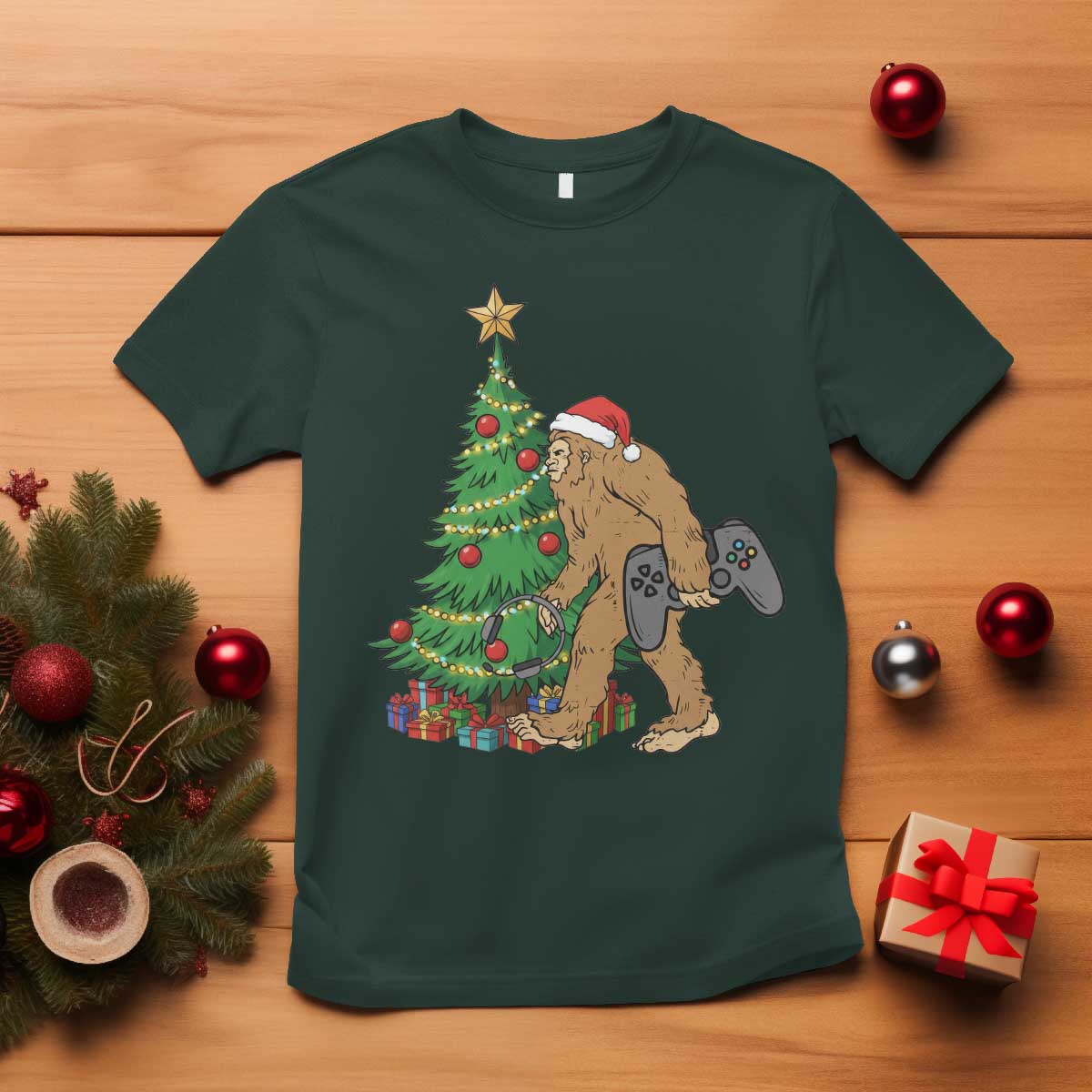 Bigfoot Gamer Christmas T Shirt Funny Sasquatch Gaming Xmas TS14 Dark Forest Green Print Your Wear