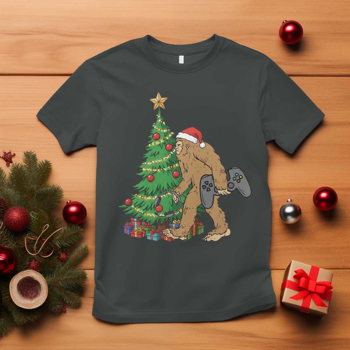 Bigfoot Gamer Christmas T Shirt Funny Sasquatch Gaming Xmas TS14 Dark Heather Print Your Wear