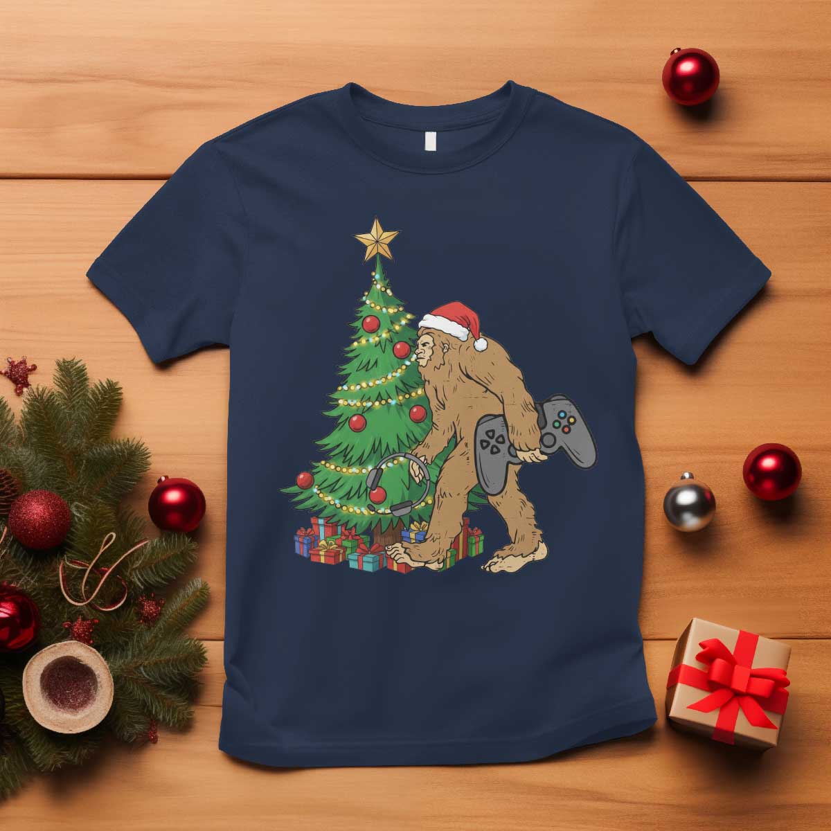 Bigfoot Gamer Christmas T Shirt Funny Sasquatch Gaming Xmas TS14 Navy Print Your Wear
