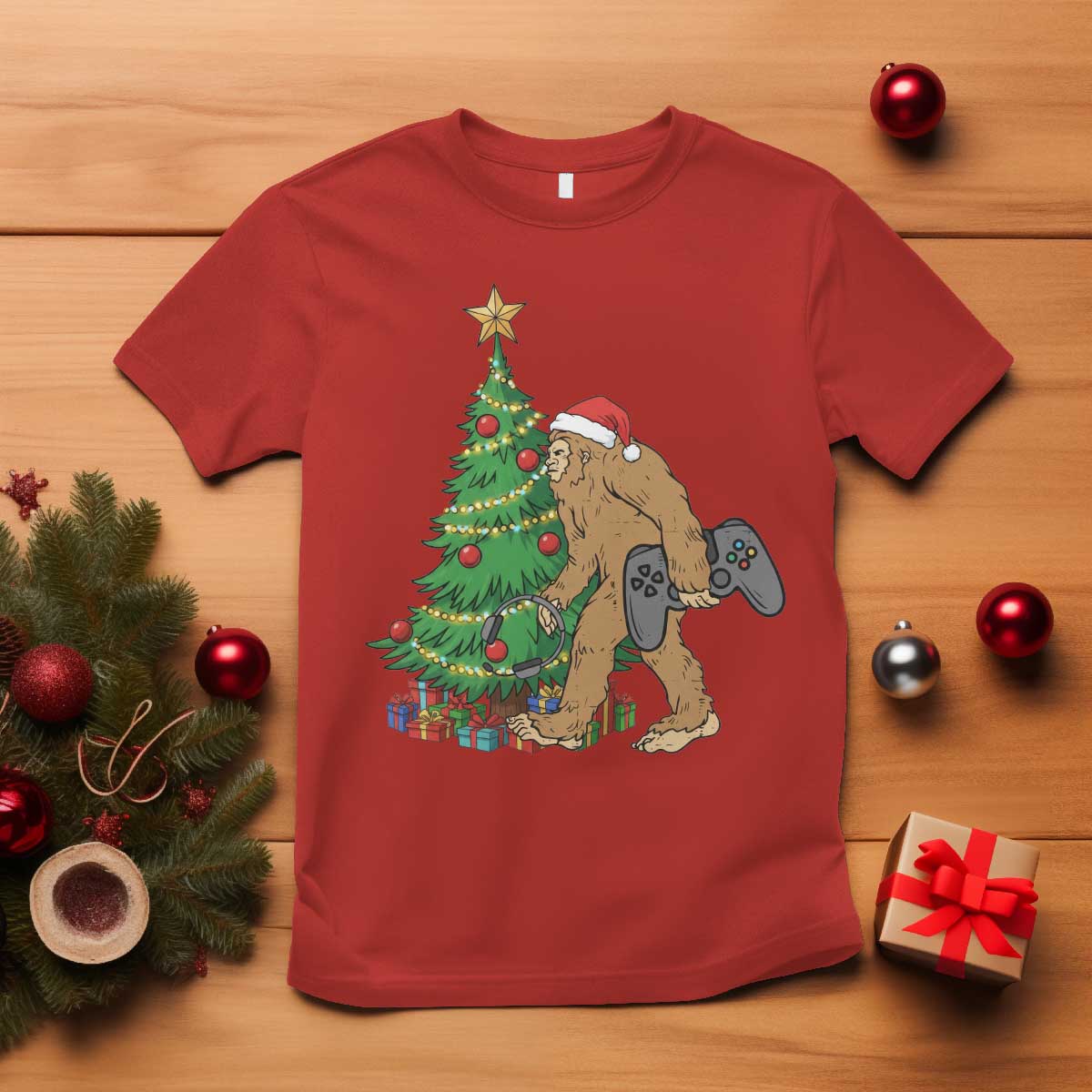 Bigfoot Gamer Christmas T Shirt Funny Sasquatch Gaming Xmas TS14 Red Print Your Wear