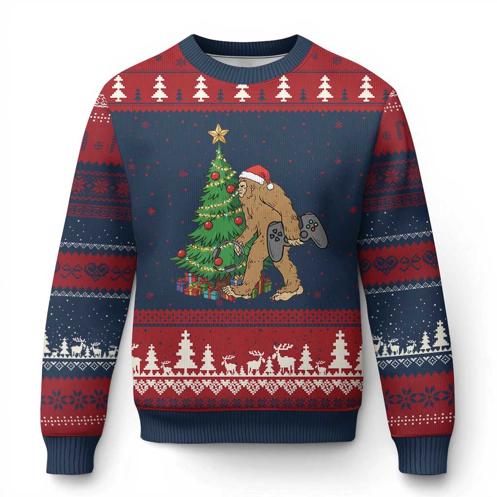 Bigfoot Gamer Xmas Ugly Christmas Sweater Funny Sasquatch Gaming Xmas TS14 Navy Red Print Your Wear