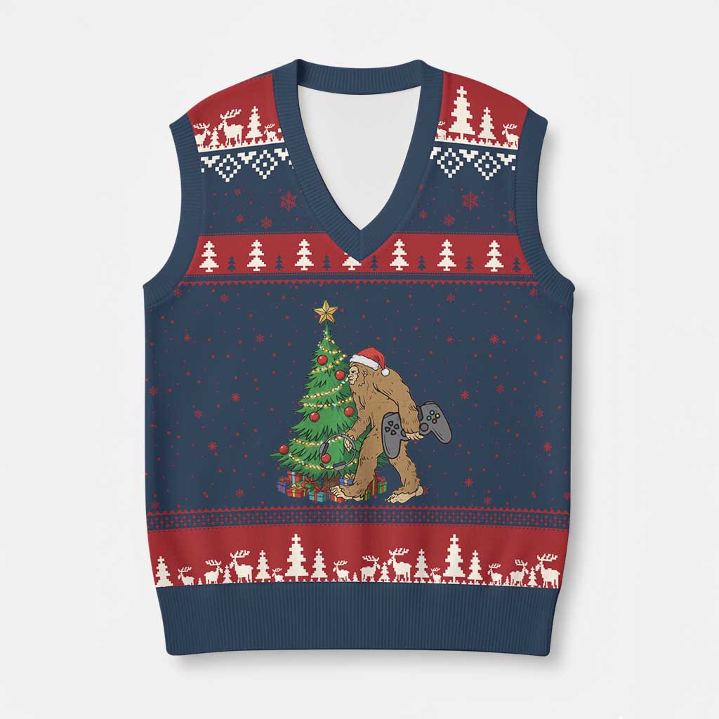 Bigfoot Gamer Xmas V-Neck Knit Sweater Vest Funny Sasquatch Gaming Xmas TS14 Navy Red Print Your Wear