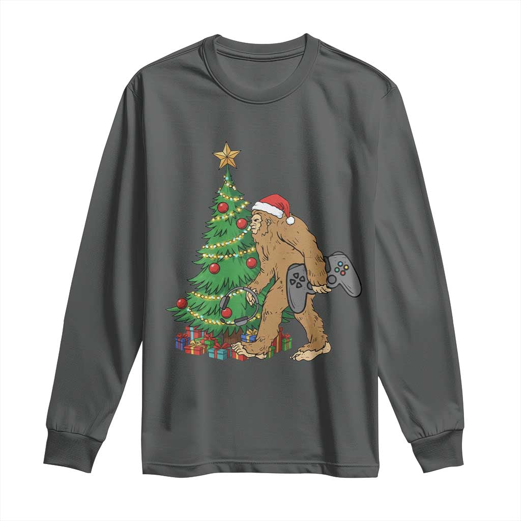 Bigfoot Gamer Christmas Long Sleeve Shirt Funny Sasquatch Gaming Xmas TS14 Dark Heather Print Your Wear