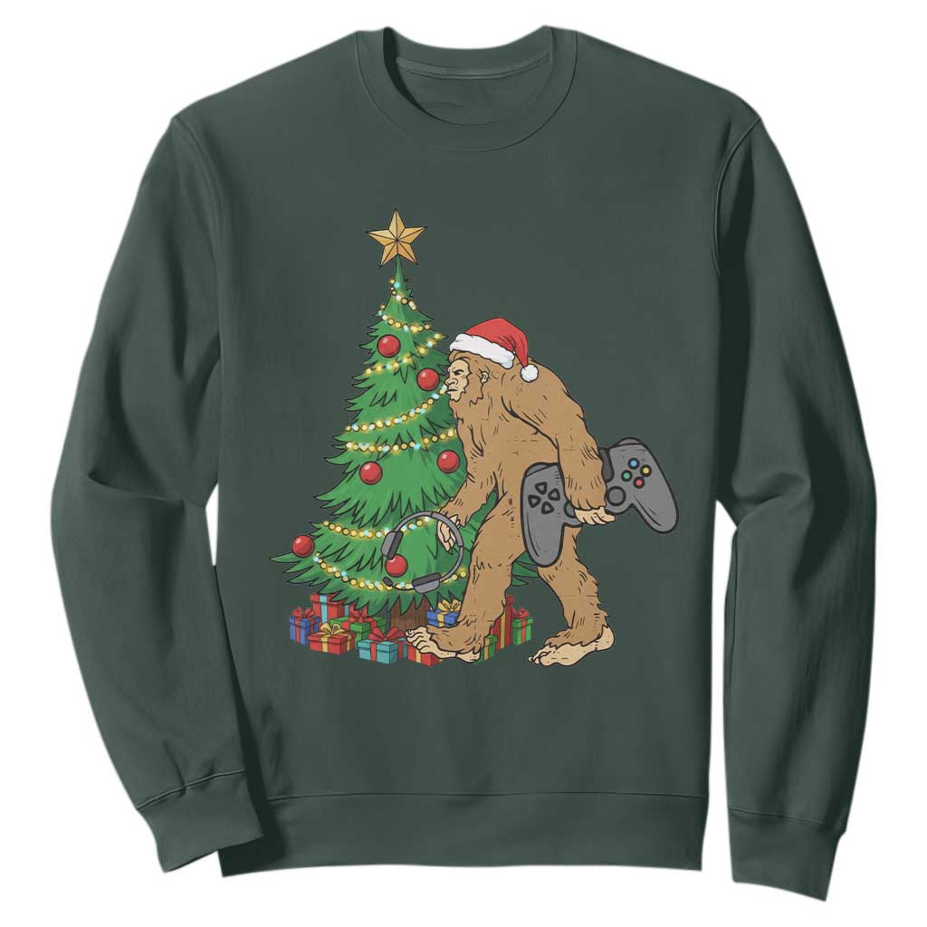 Bigfoot Gamer Christmas Sweatshirt Funny Sasquatch Gaming Xmas TS14 Dark Forest Green Print Your Wear