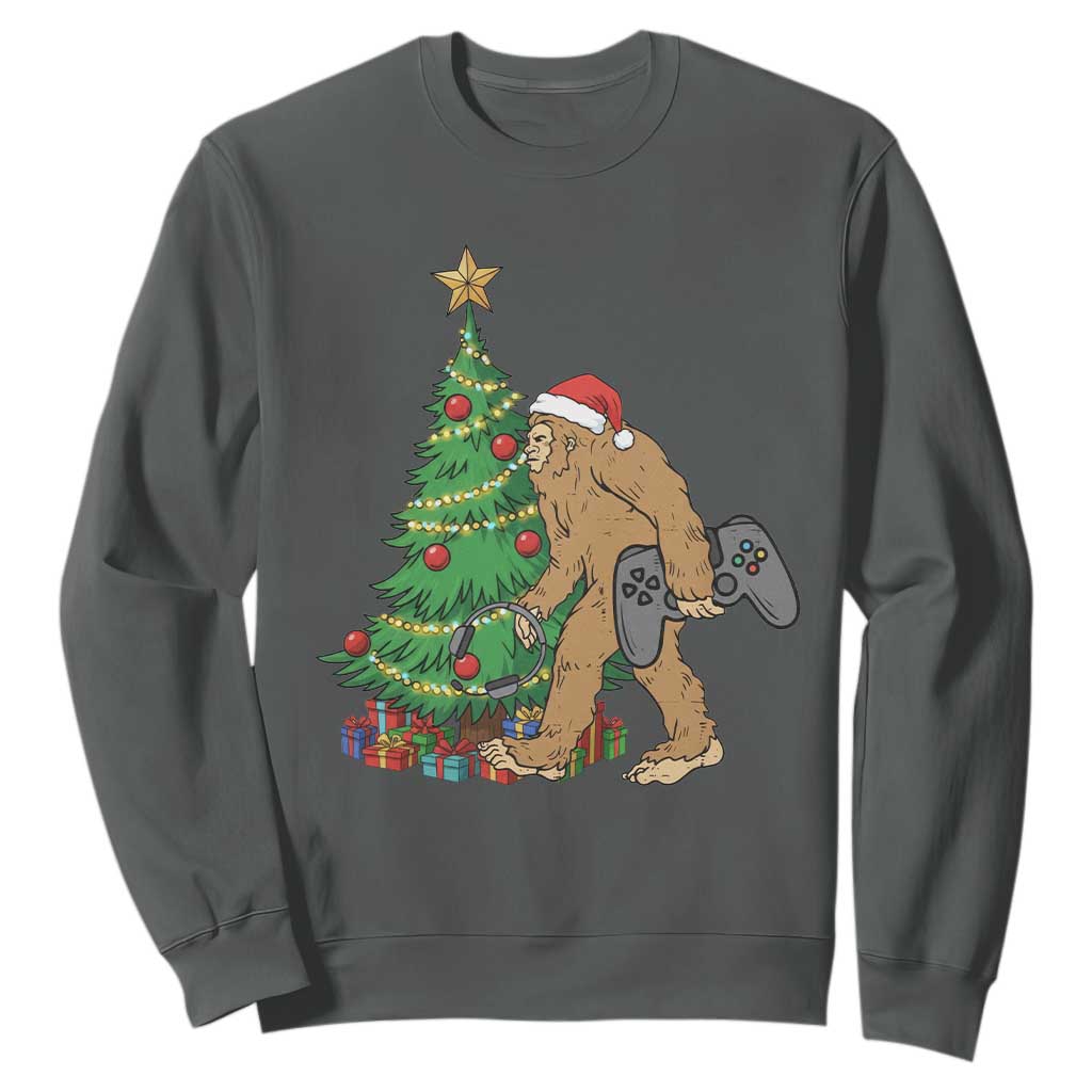 Bigfoot Gamer Christmas Sweatshirt Funny Sasquatch Gaming Xmas TS14 Dark Heather Print Your Wear