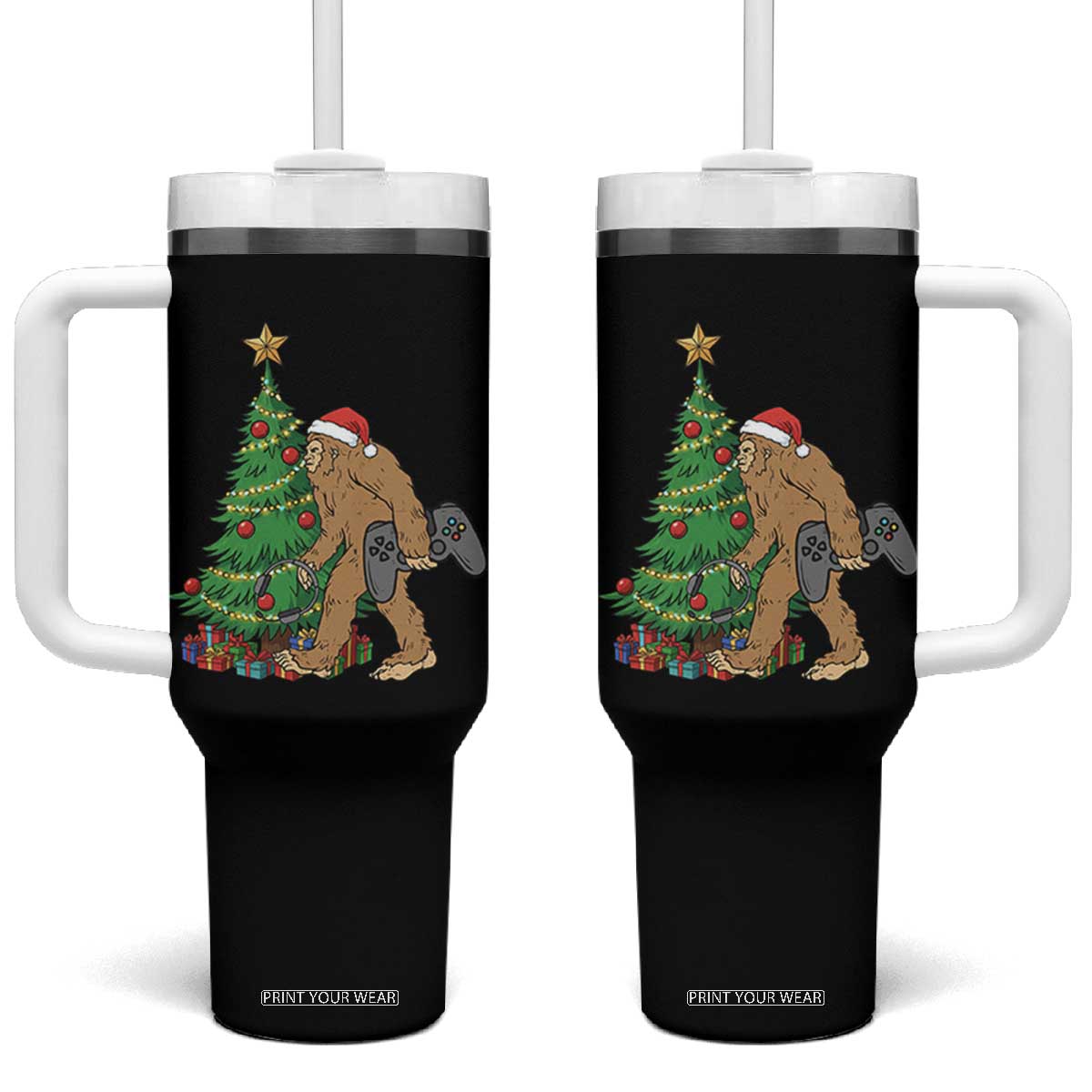 Bigfoot Gamer Christmas Tumbler With Handle Funny Sasquatch Gaming Xmas TS14 One Size: 40 oz Black Print Your Wear