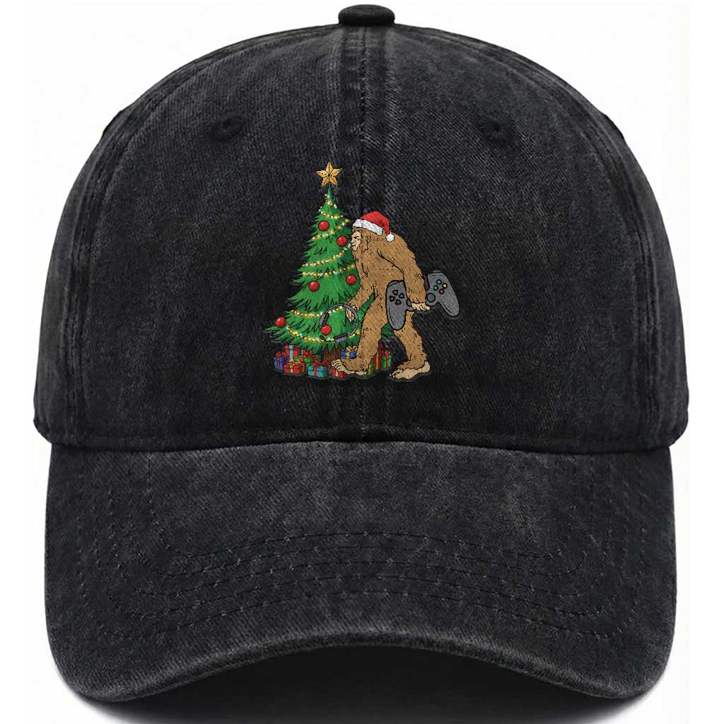 Bigfoot Gamer Christmas Washed Cotton Baseball Cap Funny Sasquatch Gaming Xmas TS14 Washed Cap Universal Fit Black Print Your Wear