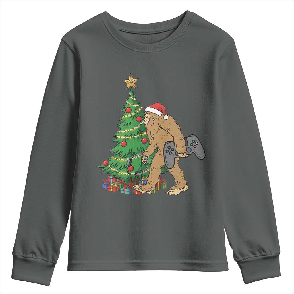 Bigfoot Gamer Christmas Youth Sweatshirt Funny Sasquatch Gaming Xmas TS14 Dark Heather Print Your Wear