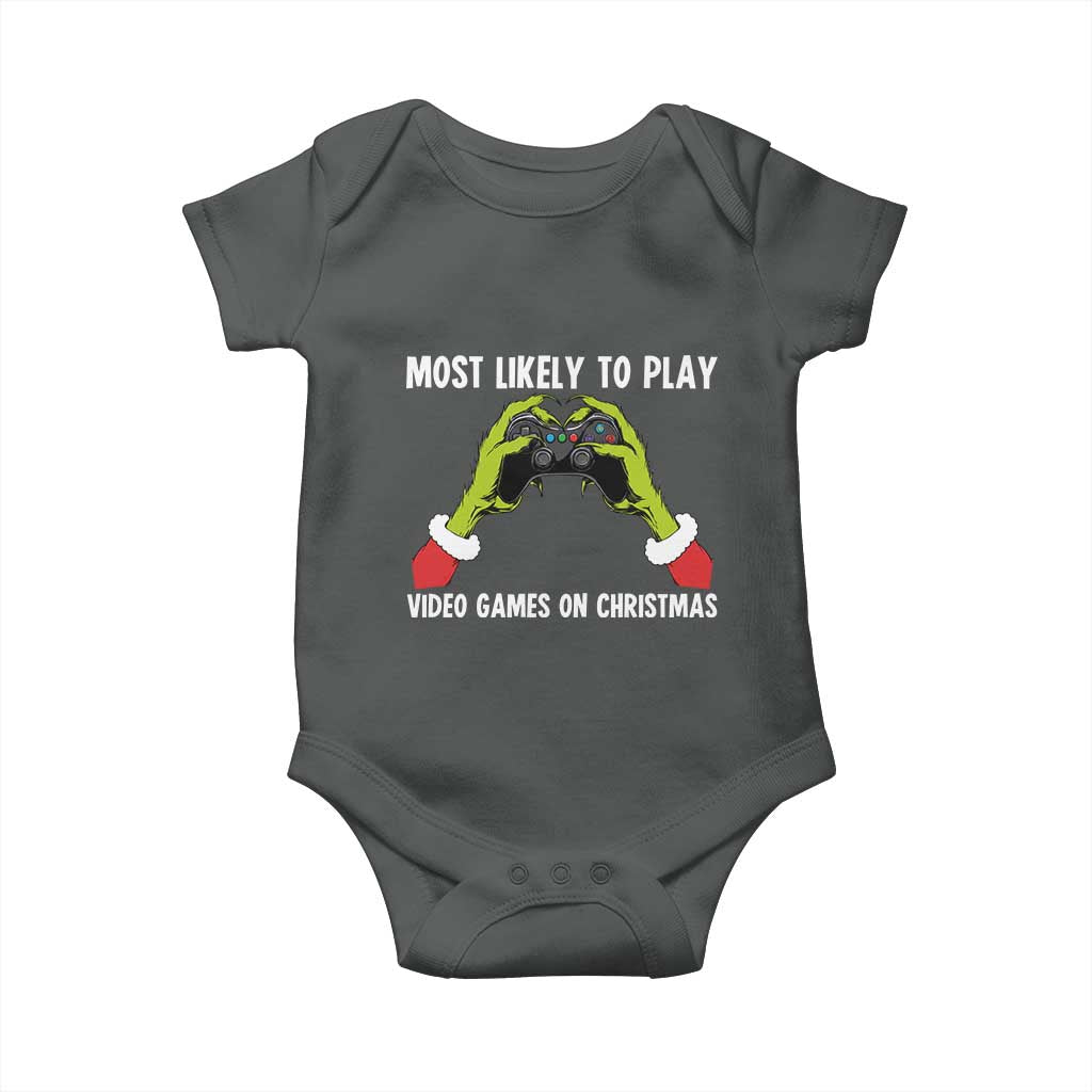 Funny Elf Hand Christmas Baby Onesie Most Likely To Play Video Games On Christmas TS14 Dark Heather Print Your Wear