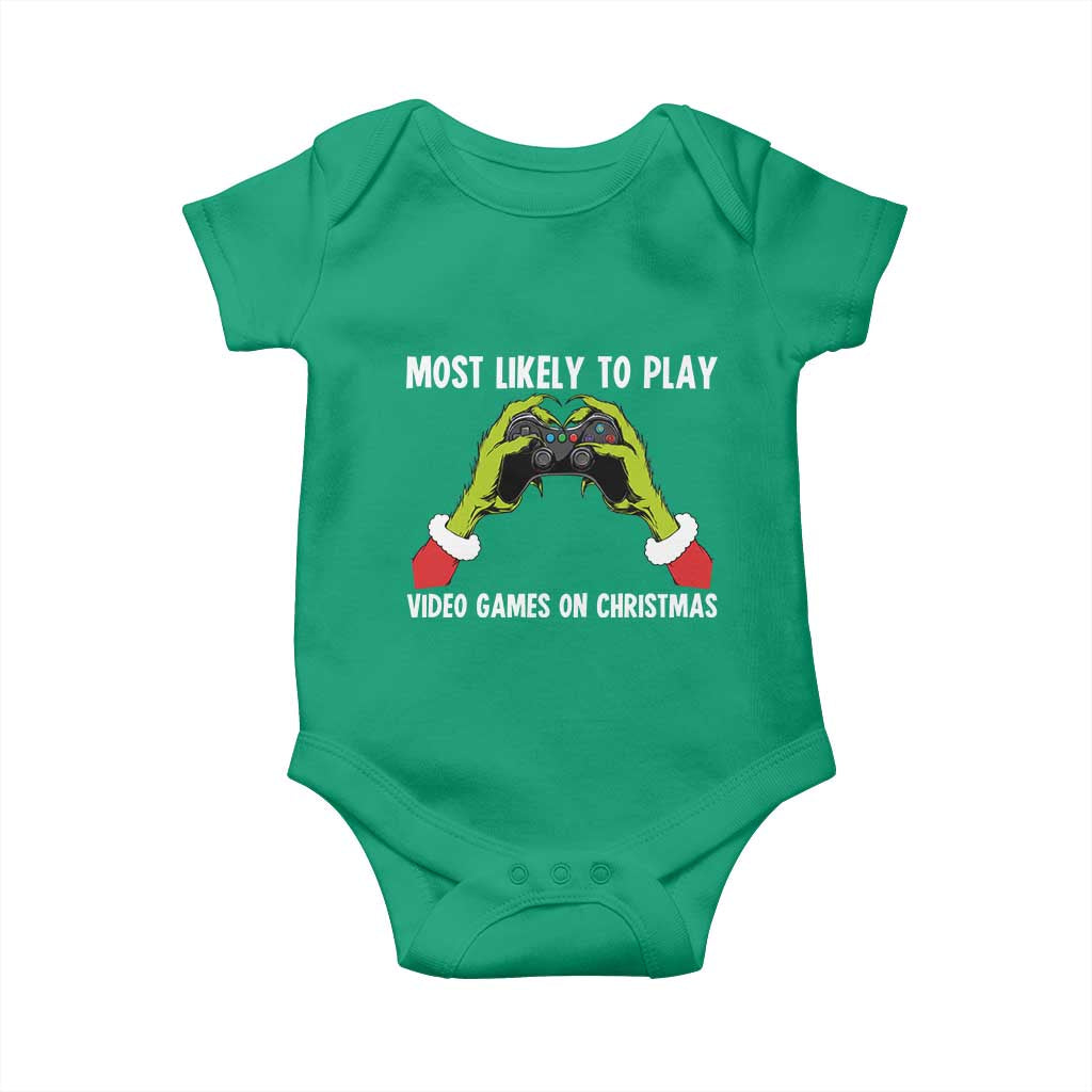Funny Elf Hand Christmas Baby Onesie Most Likely To Play Video Games On Christmas TS14 Irish Green Print Your Wear