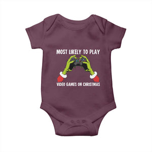 Funny Elf Hand Christmas Baby Onesie Most Likely To Play Video Games On Christmas TS14 Maroon Print Your Wear