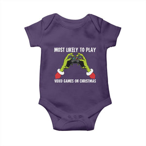 Funny Elf Hand Christmas Baby Onesie Most Likely To Play Video Games On Christmas TS14 Purple Print Your Wear