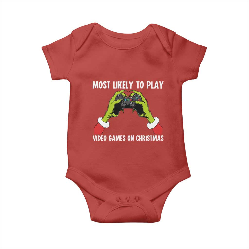 Funny Elf Hand Christmas Baby Onesie Most Likely To Play Video Games On Christmas TS14 Red Print Your Wear