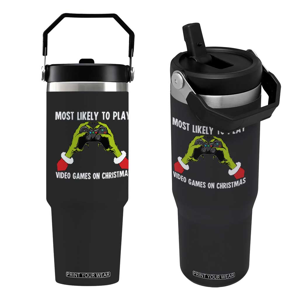 Funny Elf Hand Christmas Flip Straw Tumbler Most Likely To Play Video Games On Christmas TS14 One Size: 30 oz Black Print Your Wear